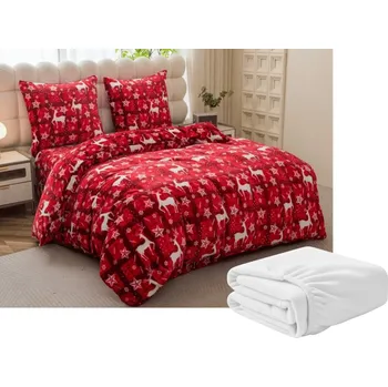 Povlečení Textilomanie Sada mikroplyšového povlečení VELVET CHRISTMAS červené + prostěradlo mikroplyš SOFT 90x200 cm bílé, jednolůžko