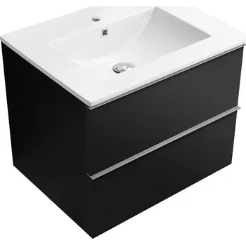 Koupelnový nábytek CERANO - Koupelnová skříňka pod umyvadlo s úchytkou Velora + keramické umyvadlo Todo - černá matná, chromová úchytka - 69x53x46 cm