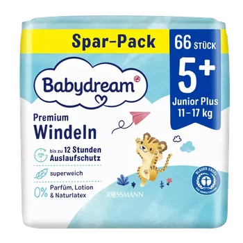jednorázová plena Babydream Pleny Premium Junior Plus, 11–17 kg, vel. 5+, Jumbo-Pack 66 ks 66 ks