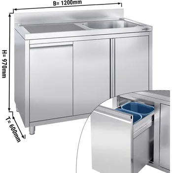 Kuchyňská skříňka G.Gastro Dřezová skříňka s odpadkovým košem - 1,2 m - 1 dřez vpravo - s obkladovým panelem & křídlovými dveřmi