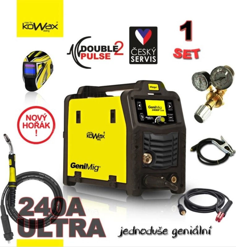 Kowax Svařovací stroj GeniMig 240 Double Pulse Varianta setu: Svařovací stroj + svařovací hořák 240A 4m + svařovací kabely 3m + redukční ventil + samostmívací kukla KWX3