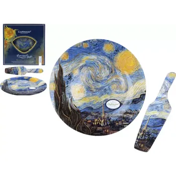 Skleněný tácek 30cm s lopatkou V.van Gogh The Starry Night, CARMANI,1981224 (Skleněný tác kulatý o průměru 30 cm s lopatkou na servírování zákusků)