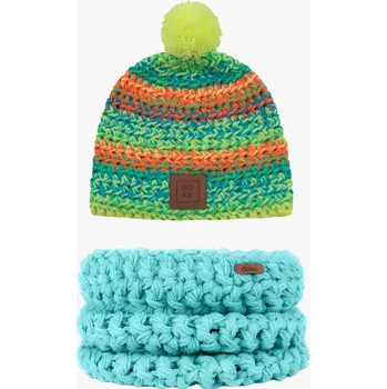 Čepice Doke Dětský set háčkovaný kulich neon mix a nákrčník mint do 11 let