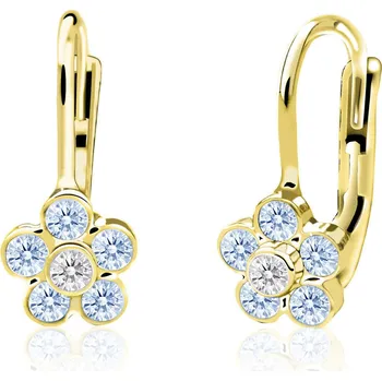 Náušnice Emmy’s | Dívčí náušnice pomněnky | EM 70614 | ze žlutého zlata s kamínky uprostřed bílými okolo světle modrými | zapínání klapka