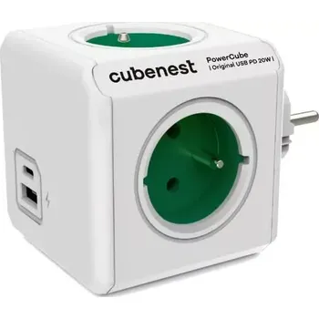 Prodlužovací kabel Cubenest PowerCube Original USB A+C PD 20W – zelená rozdvojka (Cubenest PowerCube Original USB A+C PD 20W Green – designová zelená rozdvojka se 4 zásuvkami a rychlým nabíjením)