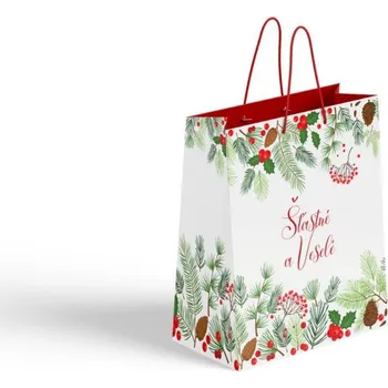 Dárková taška Taška dárková 260x120x320 mm Šťastné a Veselé, bílá, zelená, červená