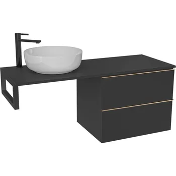 Koupelnový nábytek CERANO - Deska pod umyvadlo Navira Slim - 161x46,5x3,6 cm - skříńka Velora 79 cm - černá matná, zlatá úchytka - konzole černá