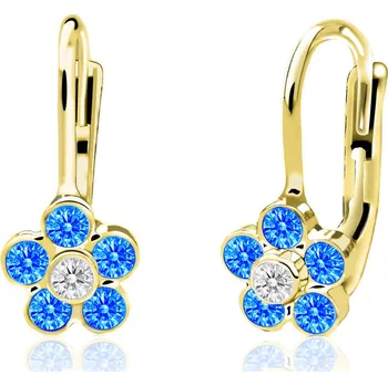 Náušnice Emmy’s | Dívčí náušnice pomněnky | EM 70614 | ze žlutého zlata s kamínky uprostřed bílými okolo tmavě modrými | zapínání klapka