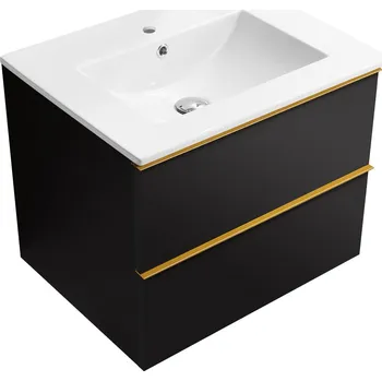 Koupelnový nábytek CERANO - Koupelnová skříňka pod umyvadlo s úchytkou Velora + keramické umyvadlo Todo - černá matná, zlatá úchytka - 59x53x46 cm