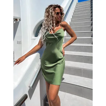 Dámské šaty Khaki lesklé šaty IZZY s tenkými ramínky