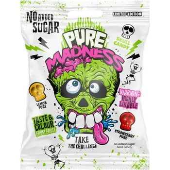 Bonbon Ovocný drops MADNESS PURE 60 g - bez přidaného cukru - bílé (dropsy ve tvaru lebky / mix příchutí - citrón & jahoda)