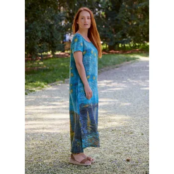 Dámské šaty Lněné 100% Lněné šaty Vincent Van Gogh Hvězdná noc nad Rhonou Velikost: EU 46