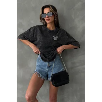 Pánské tričko Topshow Antracitové washed tričko se zdobením – Crystal Mouse Velikost: S