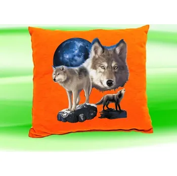 Dekorativní polštářek Polštářek s vlky na skále oranžový (Polštář s vlkem 35x35 cm)