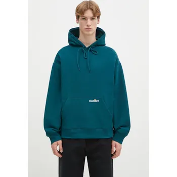 Pánská mikina Bavlněná mikina Carhartt WIP Hooded Label Script Sweat pánská, tyrkysová barva, s kapucí, hladká, I034430.2M1XX, L, 69X