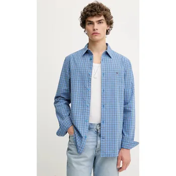 Pánská košile Bavlněná košile Tommy Jeans pánská, modrá barva, regular, s klasickým límcem, DM0DM21693 55X, vel. M