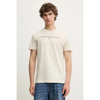 Pánské tričko Bavlněné tričko Tommy Jeans pánské, béžová barva, s aplikací, DM0DM20744 01A, vel. XL