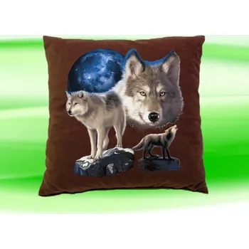 Dekorativní polštářek Polštářek s vlky na skále čokoládový (Polštář s vlkem 35x35 cm)