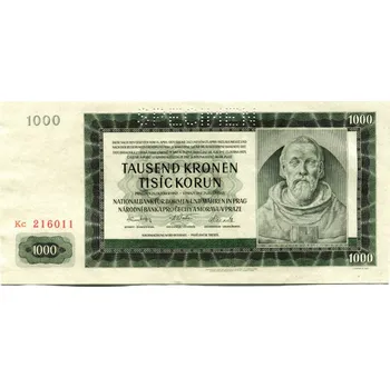 Protektorát Čechy a Morava. 1000 korun 1942. Série Kc. Hej. 39b.
