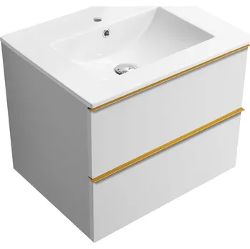 Koupelnový nábytek CERANO - Koupelnová skříňka pod umyvadlo s úchytkou Velora + keramické umyvadlo Todo - bílá matná, zlatá úchytka - 69x53x46 cm