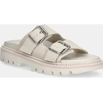 Dámské pantofle Semišové pantofle Tommy Jeans DOUBLE STRAP SANDAL SUEDE dámské, béžová barva, na platformě, EN0EN02797 01X, EUR 41