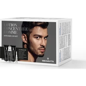 Kosmetická sada Medavita Lotion Concentrée Homme sprchový šampón 55 ml + ampule proti padání vlasů 13x6 ml + gel na holení 50 ml + balzám po holení 50 ml kosmetická sada