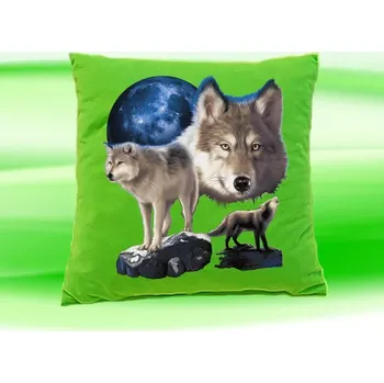 Dekorativní polštářek Polštářek s vlky na skále zelený (Polštář s vlkem 35x35 cm)