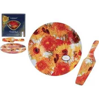 Skleněný tácek 30cm s lopatkou V.van Gogh Slunečnice, CARMANI,1981225 (Skleněný tác kulatý o průměru 30 cm s lopatkou na servírování zákusků)
