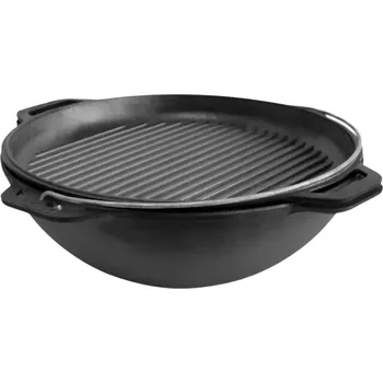 kotlíky Brizoll Litinový kotlík 40 cm 12l kazan KA12-3 + grilovací pánev-poklička, žebrovaná (Brizoll KA12-3 Kazan - Kotlík z litiny s uvnitř žebrovanou litinovou poklicí - průměr 40 cm, objem kotlíku 12 litrů)