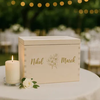 Dárková krabička Dřevěný box na svatební přání s vlastními jmény- KVĚTINY