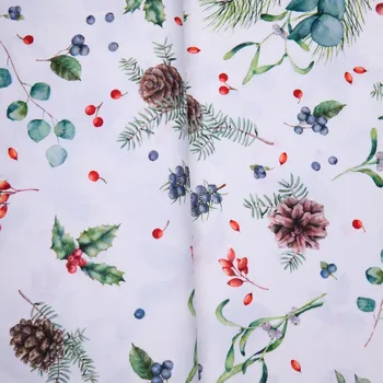 Tegatex Vánoční látka metráž "zrcadlová" -bobulky, cesmíny a jmelí