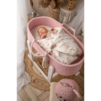 košík pro miminko Háčkovaný Mojžíšův koš z bavlny – ručně vyrobený s matrací pro miminka Růžový / BEZ Stojanu