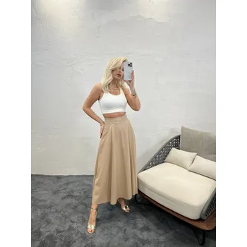 Dámská sukně Fame Béžová kožená midi sukně Velikost: M