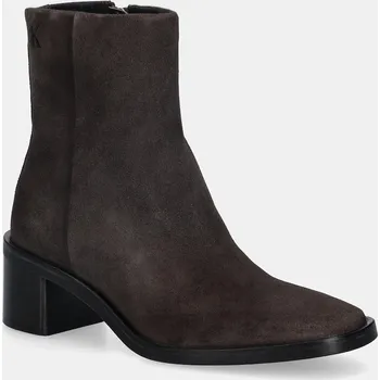 Dámské kozačky Semišové boty Calvin Klein BLOCK HEEL ZIP BOOT SUE HW0HW02592 hnědá 89X, EUR 37