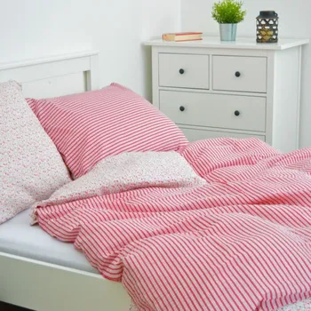 Povlečení Krepové povlečení Kvítky + Pruhy červené oboustranné Zapínání: knoflík, Velikost polštáře: 50x70, Velikost přikrývky: 140x200