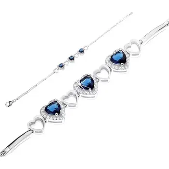 Náramek Náramek ze stříbra 925, modrá zirkonová srdce s čirým lemem, obrysy srdíček