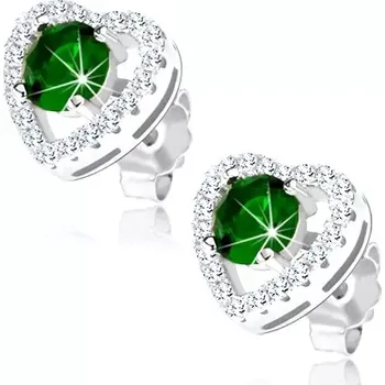 Náušnice Stříbrné náušnice 925, kulatý zelený zirkon ve třpytivém obrysu srdce, výřezy