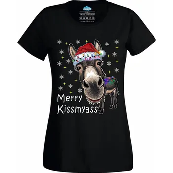 Dámské tričko Dámské tričko Vánoční Osel Merry Kissmyass (Velikost: 3XL, Barva: Černá)