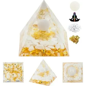 Krystalová pyramida 5x5 cm s bílým achátem Bílá čakrová pyramida Úleva od stresu a únavy Zlaté vločky a harmonizace prostoru