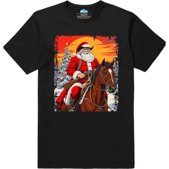 Pánské tričko Pánské tričko Vánoční Kovboj Santa na Koni (Velikost: XL, Barva: Černá)