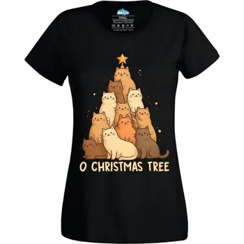 Dámské tričko Dámské tričko Kočičí Vánoční Stromek O Christmas Tree (Velikost: L, Barva: Černá)