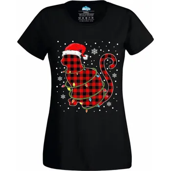 Dámské tričko Vánoční Kostkovaná Kočka (Velikost: 4XL, Barva: Černá)