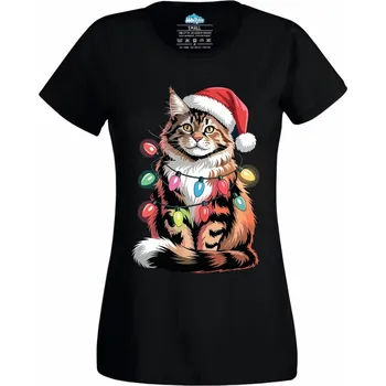 Dámské tričko Vánoční Mainská Kočka (Velikost: 4XL, Barva: Černá)