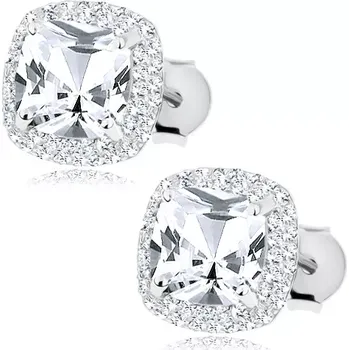 Náušnice Rhodiované náušnice ze stříbra 925 - čirý zirkonový čtverec, čirý lem, puzetky