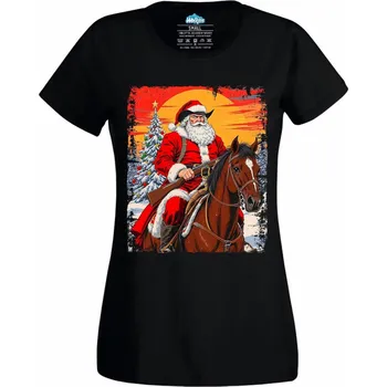 Dámské tričko Dámské tričko Vánoční Kovboj Santa na Koni (Velikost: XS, Barva: Černá)