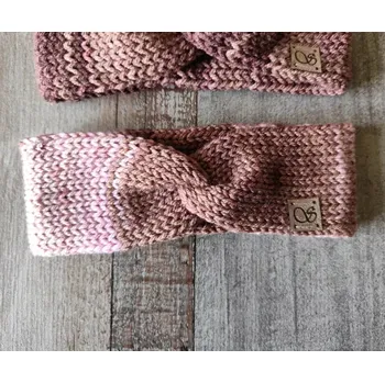 Zimní čelenka Pletená čelenka - úzká - hnědá a růžová