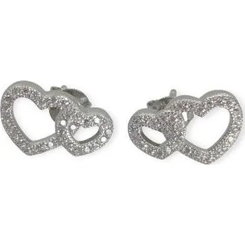 Náušnice Stříbrné náušnice dvojitá srdíčka se zirkony – dámské puzetky (Ag 925) romantické dámské puzetky, dvojité srdce, rhodiované, dárkové balení
