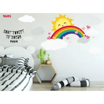 Samolepící dekorace Veselá barevná dětská nálepka na stěně s pozitivním motivem sluníčka a duhy 80 x 160 cm