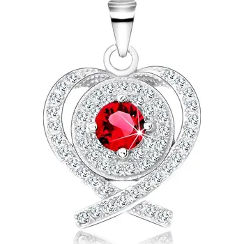 Přívěsek Stříbrný přívěsek 925, rhodiovaný, obrys srdce z překřížených linií, růžovo-červený zirkon
