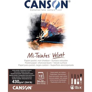 Umělecký papír Skicák na pastel Canson VELVET 24 x 31 cm, 12 listů, 430 g, černá / charcoal black